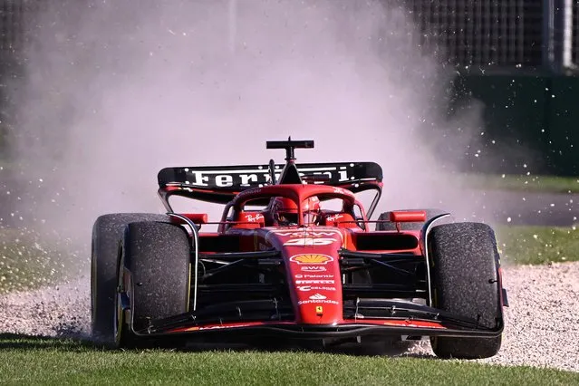 Ferrari's Monegasque driver Charles Leclerc loses control of his car during the second practice session of the Formula One Australian Grand Prix at the Albert Park Circuit in Melbourne on March 22, 2024. (Photo by William West/AFP Photo)