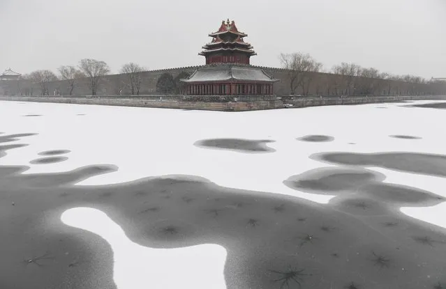 Snow is seen in the moat surrounding the Forbidden City during a snowfall in Beijing on February 21, 2017. (Photo by Greg Baker/AFP Photo)