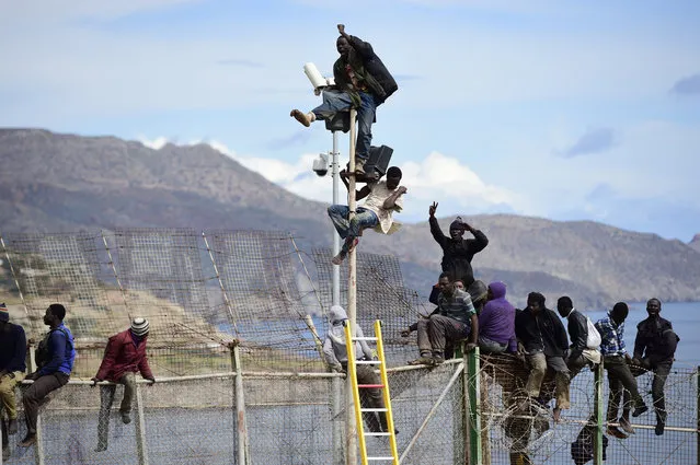 African migrants attempt to scale the fence at the border between Morocco and the North African Spanish enclave of Melilla, on April 3, 2014, in Melilla, Spain. Roughly 70 sub-Saharan migrants tried climb the fence into Melilla this morning, one had to be treated by paramedics. Melilla is a Spanish city and an exclave on the north coast of Africa sharing a border with Morocco. (Photo by Alexander Koerner/Getty Images)