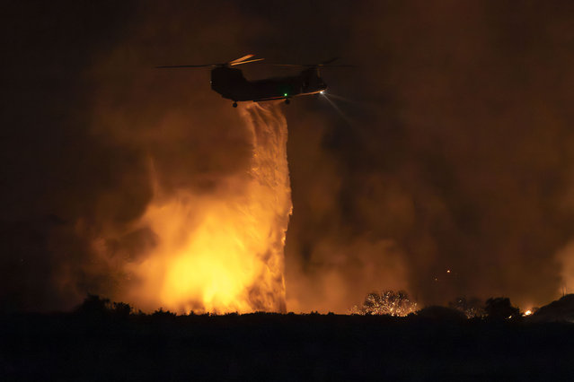 A Cal Fire Helicopter drops water on a fire hot spot in Gorman, California on June 15, 2024. The fire has consumed a total of 10,502 Acres according to fire Fire brigade station department. (Photo by Jon Putman/SOPA Images/LightRocket via Getty Images)