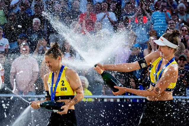 Gold medalists Svenja Mueller (R) and Cinja Tillmann of Germany celebrate during the award ceremony of Women's 2024 European Beach Volleyball Championships in The Hague, Netherlands, 17 August 2024. (Photo by Sander Koning/EPA/EFE)