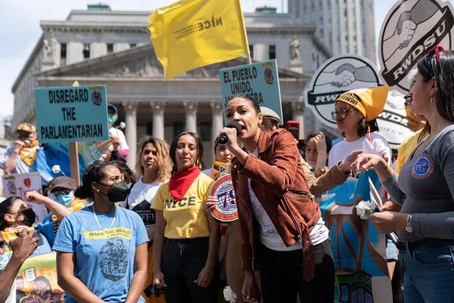U.S. Representative Alexandria Ocasio-Cortez (D-NY) speaks at a protest during International Workers Day in Foley Square in the Manhattan borough of New York City, New York, U.S., May 1, 2022. (Photo by Jeenah Moon/Reuters)