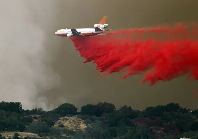 A DC-10 makes a drop on the east flank of the Sherpa Fire in Santa Barbara County, Calif., Friday, June 17, 2016. (Photo by Nick Ut/AP Photo)