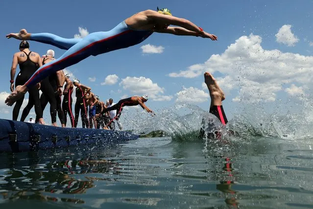 Australia's Bailey Armstrong in action during the FINA World Championships mixed 4x1500m relay at Lake Lupa, Budapest, Hungary on June 26, 2022. (Photo by Antonio Bronic/Reuters)
