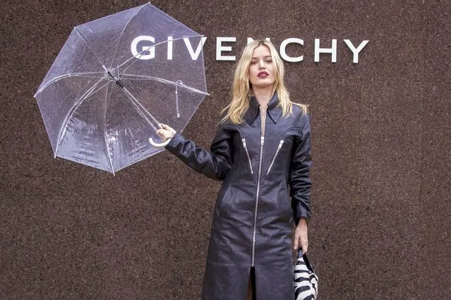 British-American fashion model Georgia May Jagger poses for photographers upon arrival for the Givenchy ready-to-wear Spring/Summer 2023 fashion collection presented Sunday, October 2, 2022 in Paris. (Photo by Vianney Le Caer/Invision/AP Photo)