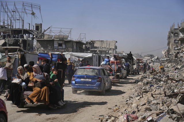 Displaced Palestinians fleeing Beit Lahia amid ongoing Israeli military operations in the Gaza Strip arrive in Jabalia, northern Gaza, on Friday, May 16, 2025. (Photo by Jehad Alshrafi/AP Photo)