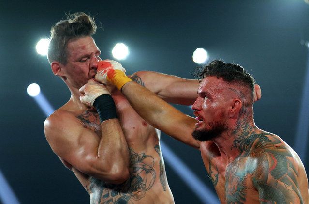 Murat Kazgan and Will Chope during a bare-knuckle boxing match at Istanbul, Turkey on July 2, 2025. (Photo by Murad Sezer/Reuters)
