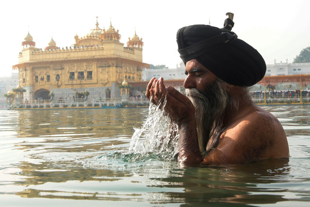 A Sikh devotee takes a dip in the holy sarovar (water tank) on the occasion of the birth anniversary of the fourth Sikh Guru Ramdas, at the Golden Temple in Amritsar on November 2,2020. (Photo by Narinder Nanu/AFP Photo)
