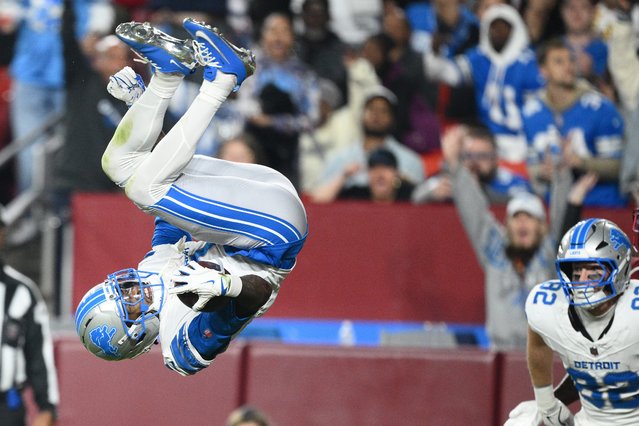 Detroit Lions wide receiver Jameson Williams (1) scores as teammate tight end Ross Dwelley (82) watches during the second half of an NFL football game against the Washington Commanders Sunday, November 9, 2025, in Landover, Md. (Photo by Nick Wass/AP Photo)