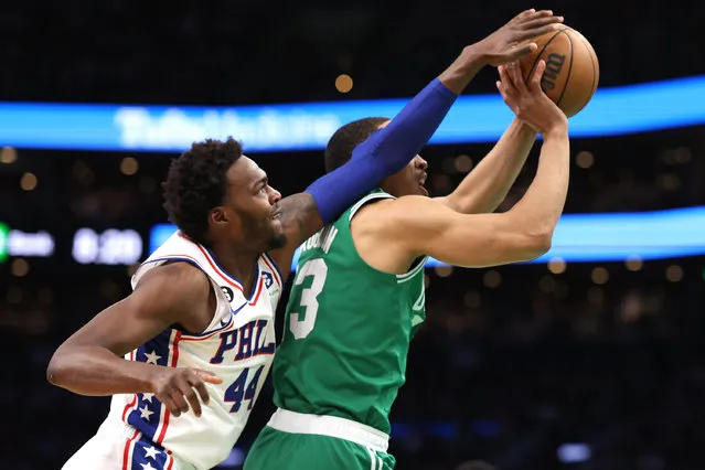 Paul Reed #44 of the Philadelphia 76ers defends a shot from Malcolm Brogdon #13 of the Boston Celtics during the first quarter of game two of the Eastern Conference Second Round Playoffs at TD Garden on May 03, 2023 in Boston, Massachusetts. (Photo by Maddie Meyer/Getty Images)