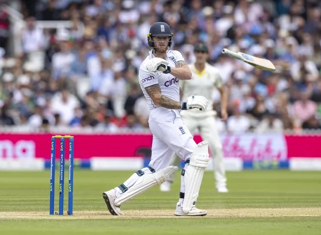 England captain Ben Stokes loses grip of his bat during Day Five of the LV= Insurance Ashes 2nd Test match between England and Australia at Lord's Cricket Ground on July 02, 2023 in London, England. (Photo by Marc Aspland/The Times)