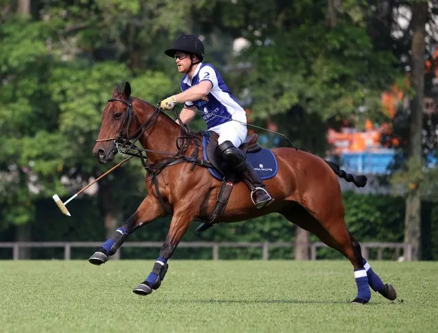 Prince Harry, The Duke of Sussex, in action at the 2023 Sentebale ISPS Handa Polo Cup charity polo match, at the Singapore Polo Club in Singapore, 12 August 2023. (Photo by How Hwee Young/EPA)