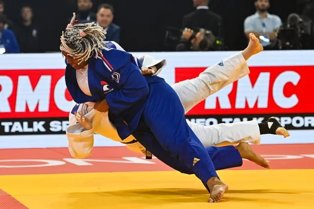 France's Romane Dicko (blue) and Israel's Raz Hershko (white) compete in the women's +78 kg final during the European Judo Championships 2023 at the Sud de France Arena in Montpellier, southern France, on November 5, 2023. (Photo by Sylvain Thomas/AFP Photo)