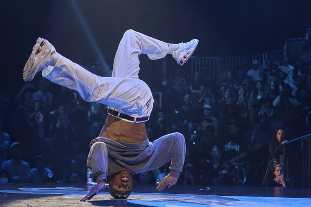 Lee from Netherlands competes in the B-boy Red Bull BC One World Final at Hammerstein Ballroom on Saturday, November 12, 2022, in Manhattan, New York. (Photo by Andres Kudacki/AP Photo)