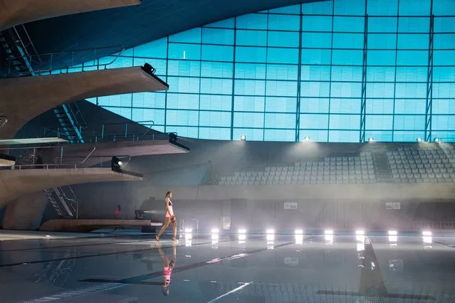 A model poses on the runway at the David Koma show during London Fashion Week September 2021at London Aquatics Centre Olympic Park on September 17, 2021 in London, England. (Photo by Linda Nylind/The Guardian)