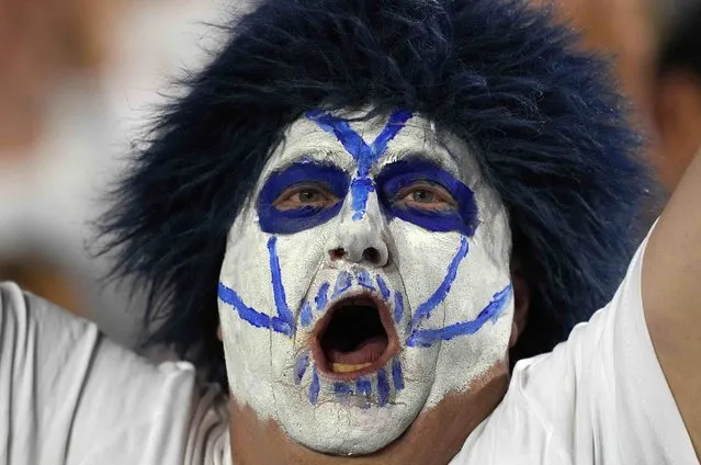 A BYU Cougars fan with makeup and a wig reacts in the second quarter against the Arizona State Sun Devils at LaVell Edwards Stadium in Provo, Utah, USA on September 18, 2021. (Photo by Kirby Lee/USA TODAY Sports)