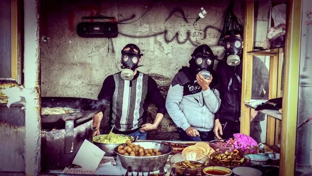 “A Side of Tear Gas”. “I was on assignment for AJ+ covering clashes that had broken out in Hebron between young Palestinians and Israeli soldiers. Several blocks away, in an intersection with a market, I came across this booth. I watched the three men calmly place gas masks across their faces and continue to await customers. The scene struck me as so absurd, and yet so much a part of life there, that I asked them to take their photo. I was in the middle of live streaming, so I was holding the cell phone that was broadcasting in my hand while taking a quick shot without adjusting my settings”. (Photo by Shadi Rahimi/Smithsonian Photo Contest)
