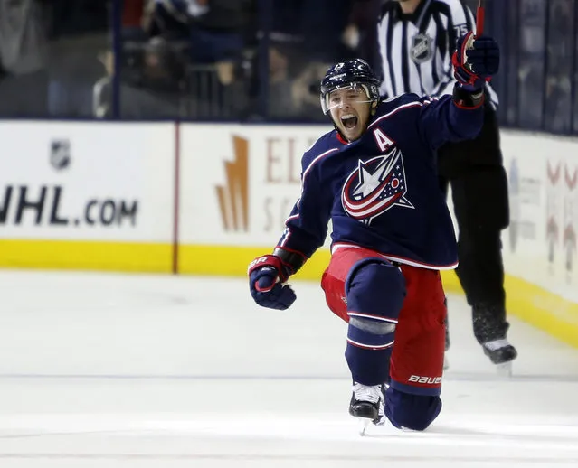Columbus Blue Jackets' Cam Atkinson celebrates his goal against the Tampa Bay Lightning during the third period of Game 3 of an NHL hockey first-round playoff series, Sunday, April 14, 2019, in Columbus, Ohio. The Blue Jackets beat the Lightning 3-1. (Photo by Jay LaPrete/AP Photo)