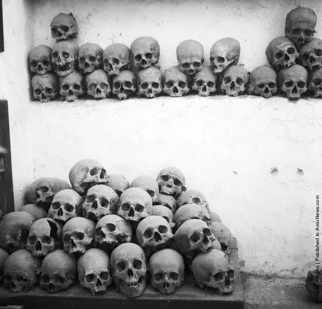The skulls of hundreds of monks piled up in the Room of Bones at the Monastery of St Catherine in Sinai, Egypt
