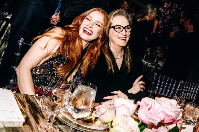 American actresses Jessica Chastain and Meryl Streep attend the 2023 Chaplin Award Gala honoring Viola Davis at David Geffen Hall on April 24, 2023 in New York City. (Photo by Nina Westervelt/Variety/Getty Images for FLC)