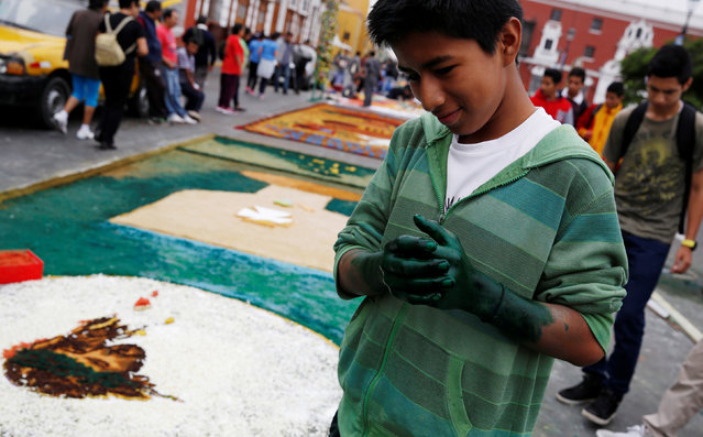 A boy looks on at a sawdust and flower carpet during the feast of Corpus Christi in downtown Trujillo, Peru, May 26, 2016. (Photo by Mariana Bazo/Reuters)