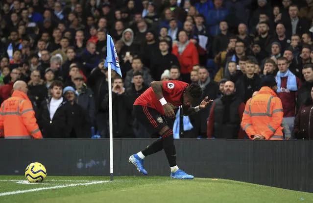 Manchester United's Fred reacts after objects are thrown at him during the English Premier League soccer match at the Etihad Stadium, Manchester, England Saturday December 7, 2019. (Photo by Mike Egerton/PA Wire via AP Photo)