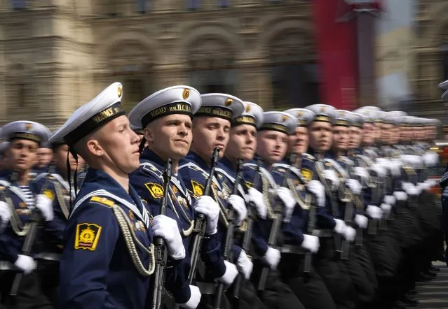 Russian sailors march during a dress rehearsal for the Victory Day military parade in Moscow, Russia, Saturday, May 7, 2022. (Photo by Alexander Zemlianichenko/AP Photo)