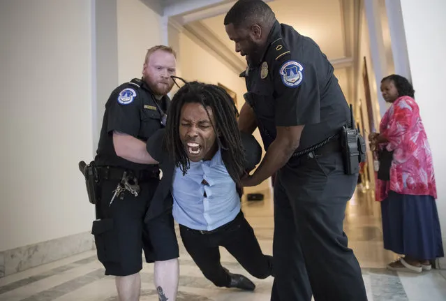 A demonstrator is taken into custody by U.S. Capitol Police as activists protest against the Republican health care bill outside the offices of Sen. Jeff Flake, R-Ariz., and Sen. Ted Cruz, R-Texas, Monday, July 10, 2017, on Capitol Hill in Washington. (Photo by J. Scott Applewhite/AP Photo)