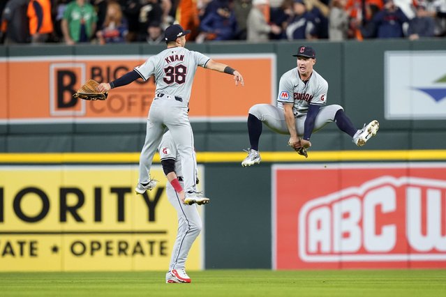 Cleveland Guardians' Steven Kwan (38) celebrates with teammate Will Brennan, right, at the end of Game 4 of a baseball American League Division Series against the Detroit Tigers, Thursday, October 10, 2024, in Detroit. The Guardians won 5-4. (Photo by Carlos Osorio/AP Photo)