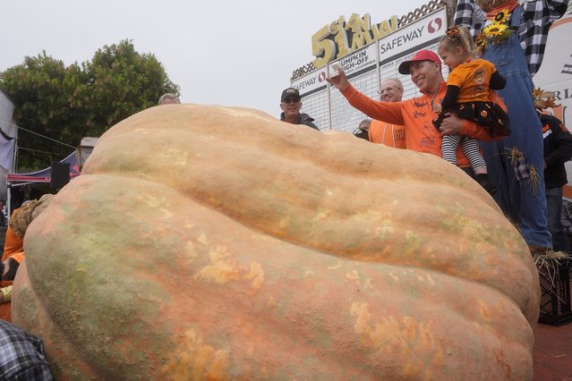 Travis Gienger, of Anoka, Minn., second from right, celebrates with his daughter Lily, 3, after his pumpkin weighed in at 2,471 pounds to win at the Safeway World Championship Pumpkin Weigh-Off in Half Moon Bay, Calif., Monday, October 14, 2024. (Photo by Jeff Chiu/AP Photo)