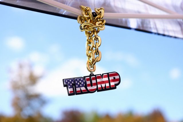 A view shows a piece of merchandise with a theme of Republican presidential nominee and former President Donald Trump on the day of his campaign event sponsored by conservative group Turning Point USA, in Duluth, Georgia on October 23, 2024. (Photo by Hannah McKay/Reuters)