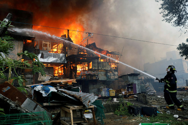 A firefighter aims water on shanties engulfed in flames during a fire in a residential area in Quezon City, Metro Manila, Philippines August 11, 2017. (Photo by Dondi Tawatao/Reuters)
