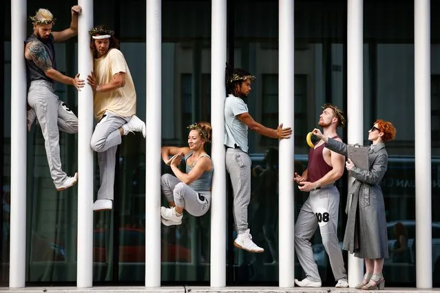 Artists from Barely Methodical Troupe hold a media call for their show Kin at the Assembly Rooms on August 04, 2022 in Edinburgh, Scotland. Fresh from a run in London's West End the circus troupe returns to the Fringe with their show KIN featuring high-octane circus skills and incredible feats of strength. (Photo by Jeff J. Mitchell/Getty Images)