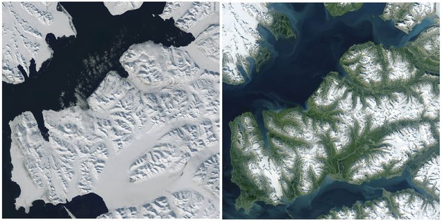 The Reindalen Valley in the Norwegian archipelago of Svalbard is seen in a combination of NASA images acquired by the Operational Land Imager on the Landsat 8 satellite on April 29 (L) and July 9, 2015 and released August 27, 2015. Despite its northerly location 1,300 kilometers (800 miles) from the North Pole, the West Spitsbergen Current brings a relatively warm stream of water from the south into the fjords and inlets of western Svalbard. (Photo by Reuters/NASA)