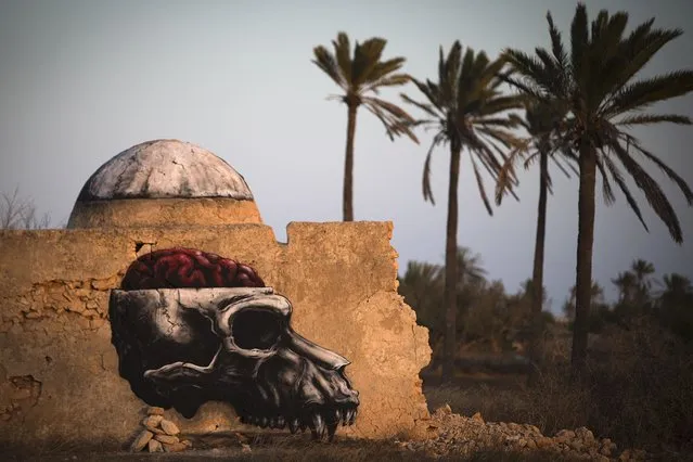 A mural by Belgian artist ROA decorates a wall in the surrounding area of the village of Erriadh, on the Tunisian island of Djerba, on August 6, 2014, as part of the artistic project “Djerbahood”. (Photo by Joel Saget/AFP Photo)