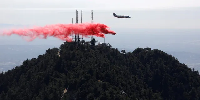 An airplane drops fire retardant while battling the Wilson Fire near Mount Wilson in the Angeles National Forest in Los Angeles, California, U.S. October 17, 2017. (Photo by Mario Anzuoni/Reuters)