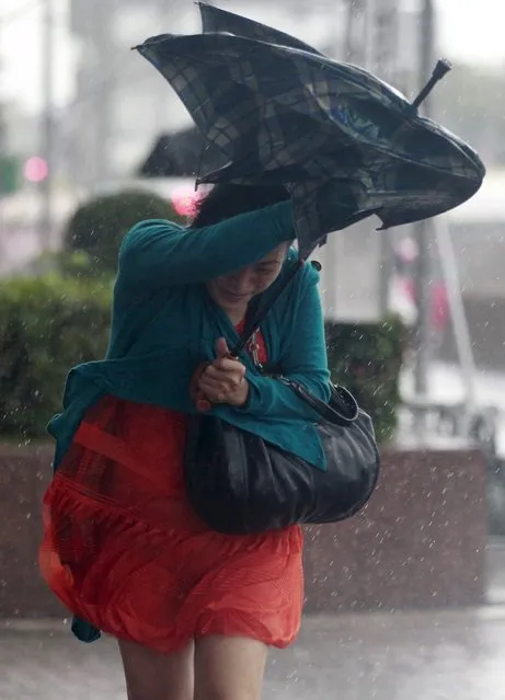 A woman holds onto her umbrella while walking against strong winds caused by Typhoon Dujuan in Taipei, Taiwan, September 28, 2015. (Photo by Pichi Chuang/Reuters)