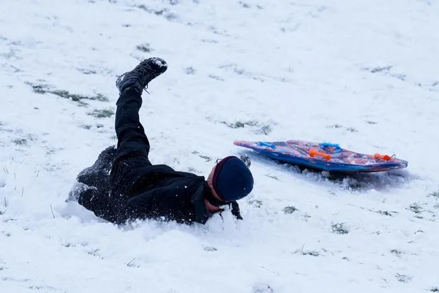 A person crashes during slide down in Greenwich Park, as cold weather continues in Britain, in London on December 12, 2022. (Photo by Maja Smiejkowska/Reuters)