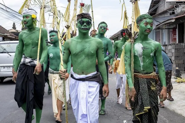 People with bodies painted march during the sacred Ngerebeg ritual at Tegallalang village in Gianyar, Bali, Indonesia, 08 February 2023. (Photo by Made Nagi/EPA/EFE)