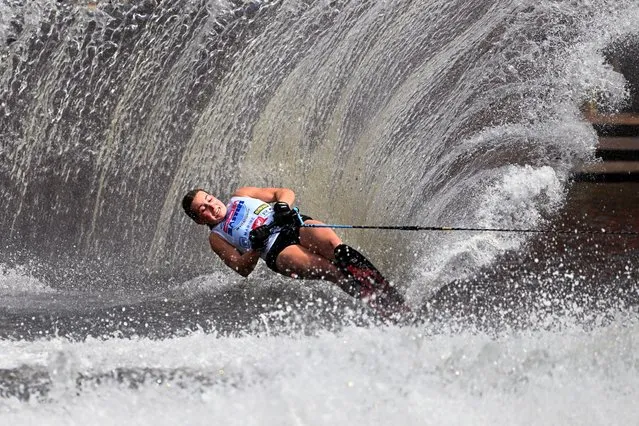 Lara Butlin of Australia competes in the Moomba Masters Women's Slalom event on the Yarra River in Melbourne on March 12, 2023. (Photo by William West/AFP Photo)
