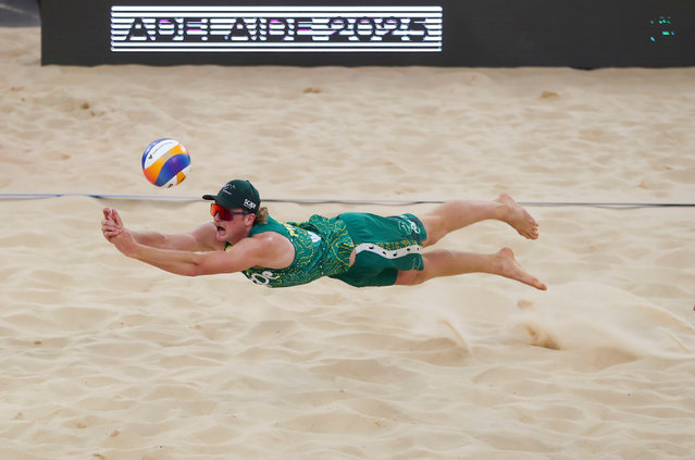 Oliver Merritt and Ben Hood of Australia in action against Jacob Holting Nilsson and Elmer Andersson of Sweden during The Beach Volleyball World Championships at Pinky Flat in Adelaide, Australia, 14 November 2025. (Photo by Matt Turner/EPA)