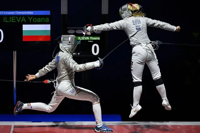 Liza Pusztai (L) of Hungary in action against Yoana Ilieva of Bulgaria during the women's  sabre team bronze medal match between Bulgaria and Hungary at the European Games in Krakow, Poland, 30 June 2023. (Photo by Zsolt Czegledi/EPA)