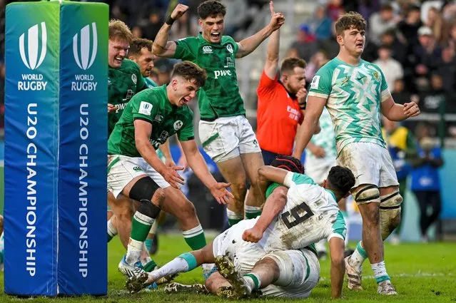 Ireland players celebrate as Brian Gleeson scores a try in the 2023 World Rugby Under-20 Championship semi-final at Athlone Sports Stadium in Cape Town, South Africa on July 9, 2023. (Photo by Darren Stewart/Inpho)