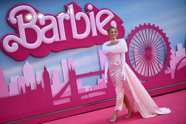 Australian actress Margot Robbie poses on the pink carpet upon arrival for the European premiere of “Barbie” in central London on July 12, 2023. (Photo by Justin Tallis/AFP Photo)