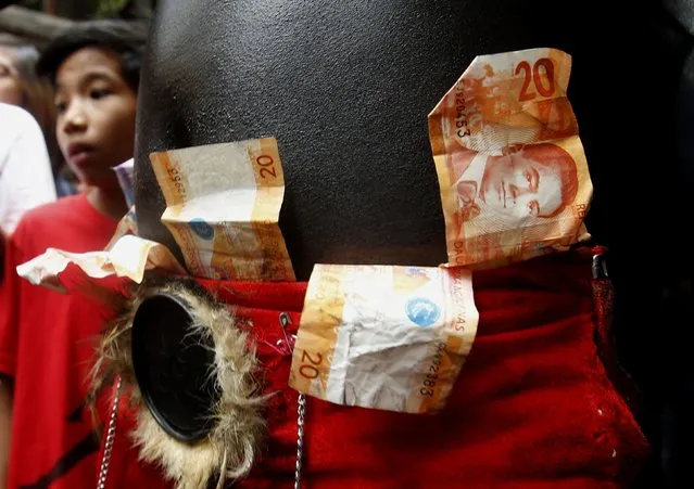A fireeater tucks peso bills on his waist which were given by revellers during Lunar New Year celebrations at Manila's Chinatown February 19, 2015. (Photo by Erik De Castro/Reuters)