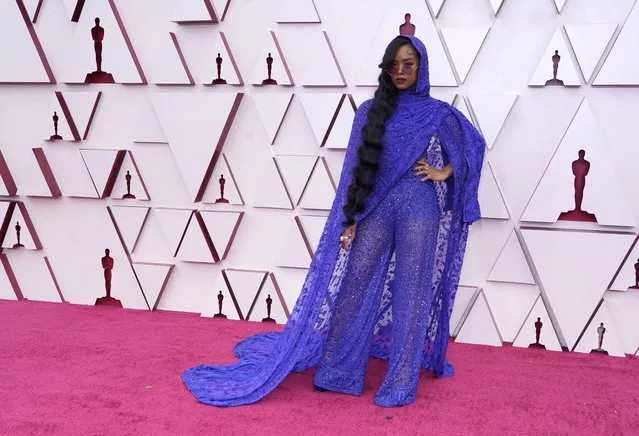 H.E.R. arrives at the Oscars on Sunday, April 25, 2021, at Union Station in Los Angeles. (Photo by Chris Pizzello/Pool via AP Photo)