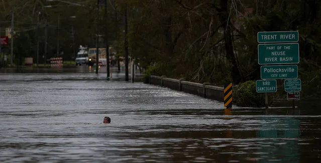 A man swims in a flooded street after the passage of Hurricane Florence in New Bern, North Carolina, U.S., September 16, 2018. (Photo by Eduardo Munoz/Reuters)