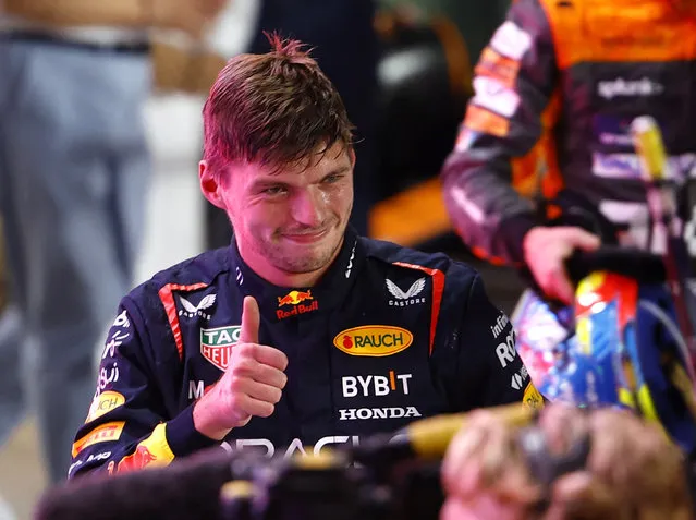 Red Bull's Max Verstappen celebrates after finishing second in the sprint race and winning the world championship at the Qatar Grand Prix in Lusail on Saturday, October 7, 2023. (Photo by Rula Rouhana/Reuters)
