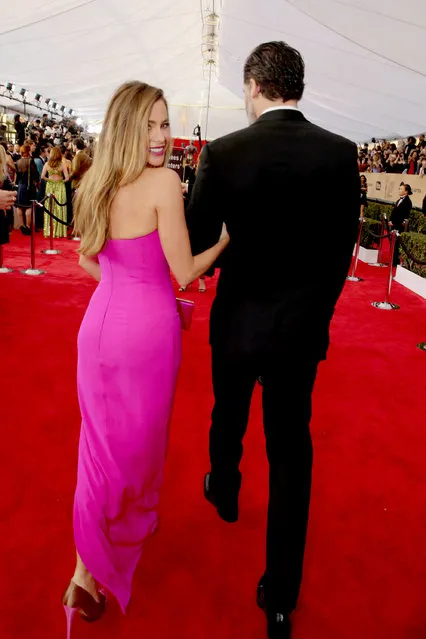 Sofia Vergara and Joe Manganiello seen at Red Carpet arrivals for the 22nd Annual SAG Awards at Shrine Auditorium on Saturday, January 30, 2016, in Los Angeles, CA. (Photo by Eric Charbonneau/Invision for People/AP Images)