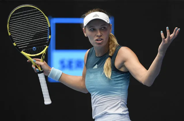 Denmark's Caroline Wozniacki gestures during her second round match against Sweden's Johanna Larsson at the Australian Open tennis championships in Melbourne, Australia, Wednesday, January 16, 2019. (Photo by Andy Brownbill/AP Photo)